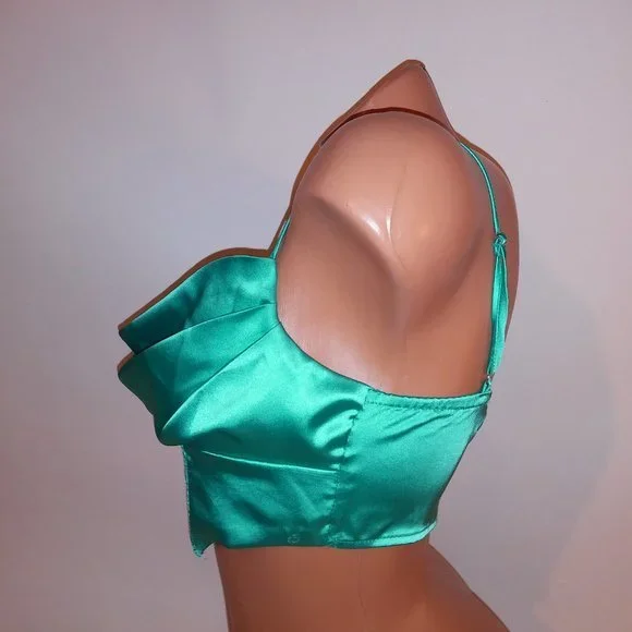 Princess Polly Crop Top Size 4 Teal Satin Draped Neck Solid Zip Up Back Preowned - Picture 5 of 8